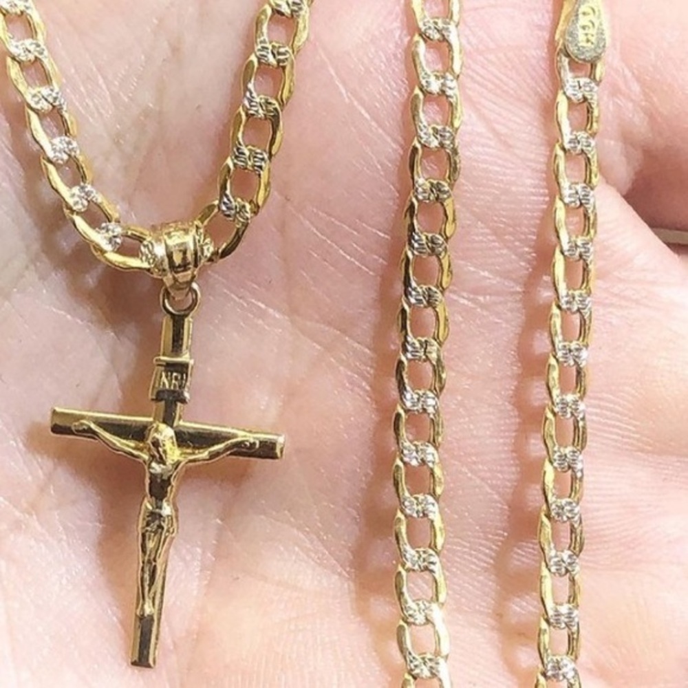 14K Yellow Gold Cuban chain and Crucifix Cross 2pc